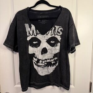 Misfits Grunge Distressed Graphic Band Tee Charcoal Mineral Wash V-Neck Shirt M